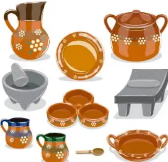Ilustración de piezas de alfarería: ollas, jarros, cazuelas, molcajete y recipientes de cerámica de color anaranjado y gris.
