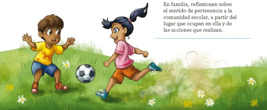 Ilustración de un niño con camiseta amarilla y una niña con camiseta rosa jugando fútbol con un balón sobre el pasto.