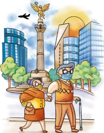 Ilustración de una pareja de adultos mayores con mascarilla caminando en una avenida de la Ciudad de México, con el Ángel de la Independencia y edificios al fondo. Crédito: Lavinia Cabrera Sandoval, TABASCO.