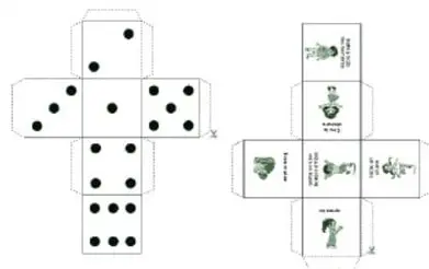 Dos plantillas para armar dados: la izquierda con el diseño tradicional de puntos (desde 1 hasta 6) y la derecha con ilustraciones de seis acciones motrices (niñas y niños saltando, aplaudiendo, girando la cintura, moviendo los hombros, saltando en un pie y tocando el suelo).