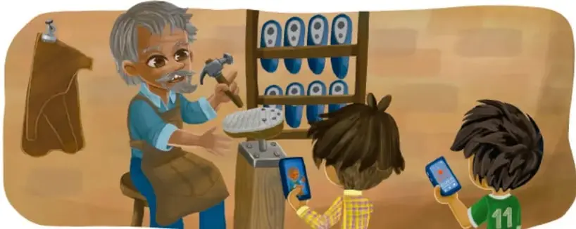 Ilustración de un zapatero anciano trabajando con herramientas en su taller mientras dos niños toman fotografías con dispositivos móviles. Crédito: Armando Amezcua Mora, Guanajuato.