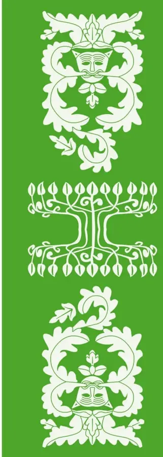 Franja verde con tres ornamentos decorativos en blanco: una figura zoomorfa con hojarasca en la parte superior, un árbol estilizado con raíces y ramas en el centro, y otro ornamento con hojarasca y figura zoomorfa invertida en la parte inferior, de estilo folklorico mexicano.