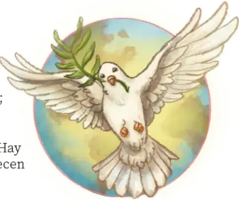 Ilustración de una paloma blanca volando con una rama de olivo en el pico, sobre un fondo de tonos azules y dorados; símbolo de paz; crédito: Diana Anahí Sainz Villarreal, BAJA CALIFORNIA.