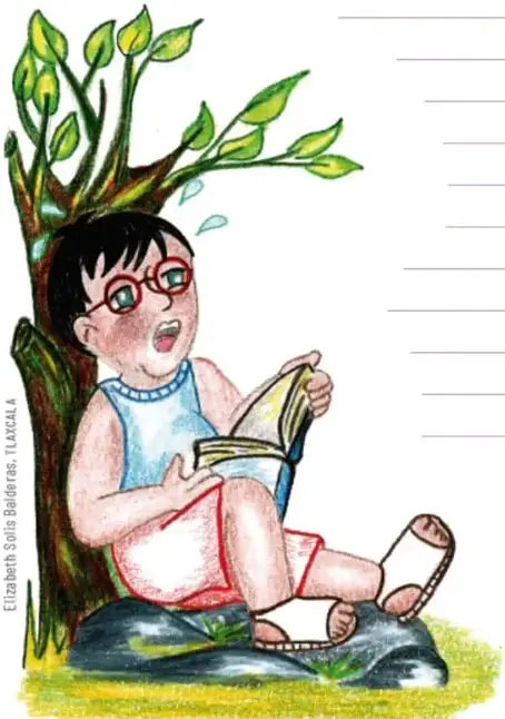 Ilustración de un niño con lentes leyendo un libro sentado bajo un árbol, junto a una piedra.