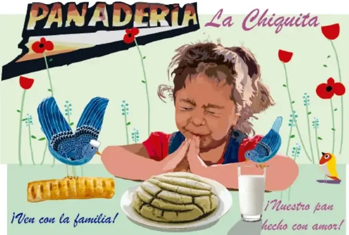 Cartel de la panadería 'La Chiguita' con una niña, aves azules, flores rojas, pan tradicional y un vaso de leche.