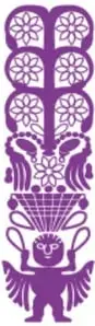 Ilustración decorativa de color morado con motivos geométricos y vegetales, etiquetada 'Matemáticas'.
