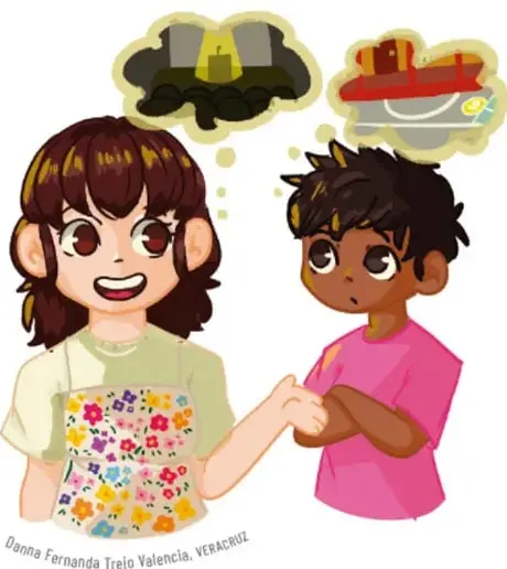 Ilustración de una niña y un niño tomados de la mano; sobre ellos hay globos de pensamiento con una casa y un barco, símbolos de sus metas y sueños.