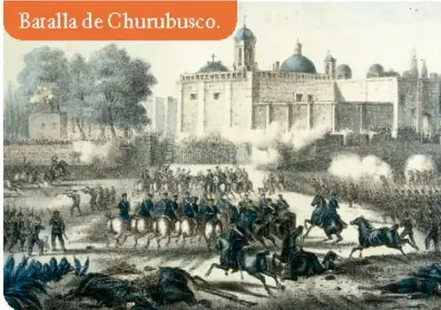 Batalla de Churubusco, con el convento y soldados en combate.