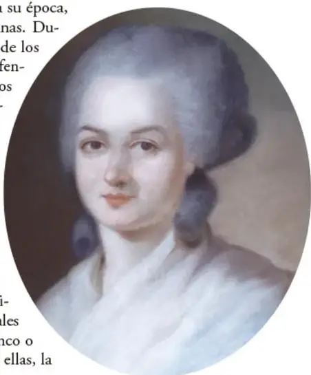 Retrato ovalado pintado de Olympe de Gouges: mujer con alto peinado empolvado, vestido blanco con pañuelo, de mirada serena, estilo del siglo XVIII.