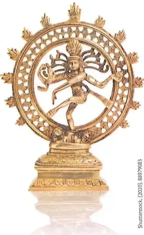 Imagen de una escultura de Shiva Nataraja dentro de un círculo de fuego, símbolo del movimiento cósmico y de los ciclos del universo.