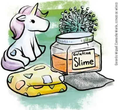 Figura de unicornio, gelatina, slime y esponja.