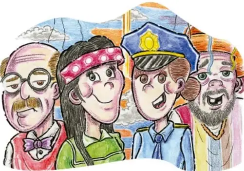 Rostro de cuatro personas diversas: un señor mayor con lentes y moño, una joven con diadema, un policía sonriente y una persona de cabello claro; representa a los personajes de la comunidad.