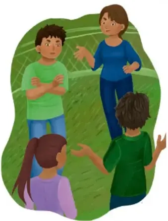 Ilustración de un grupo de niños conversando al aire libre, señalando y dialogando entre sí.