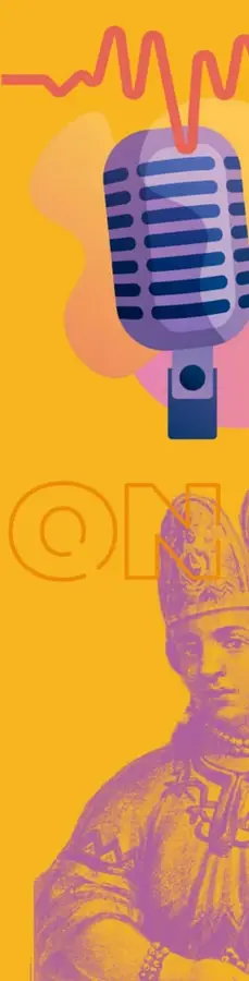 Página con fondo amarillo intenso: micrófono vintage azul brillante con onda de sonido roja arriba, la palabra "ON" (de ON AIR) en letras naranjas recortadas y el retrato grabado de Malintzin en tonos lila y morado abajo a la derecha.