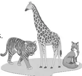 Ilustración de una jirafa, un tigre y un zorro reunidos sobre una superficie gris, como posibles personajes del cuento.