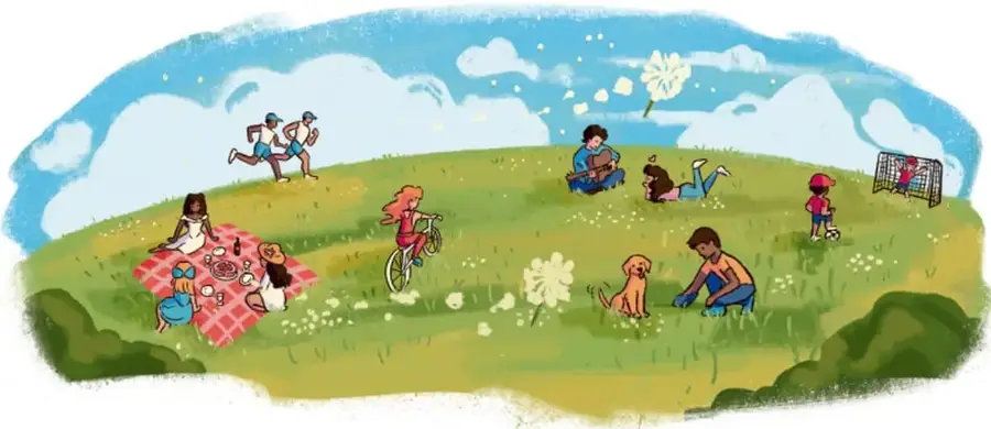 Ilustración de niños y niñas jugando al aire libre en un parque: pícnic, bicicleta, perro, lectura y fútbol, en un entorno armónico.