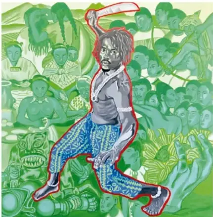 Ilustración en tonos verdes de Yanga corriendo con un machete en la mano, rodeado de rostros de personas que lo miran.