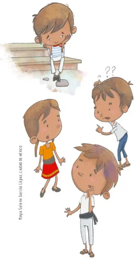 Cuatro niños ilustrados: uno sentado en las escaleras con cara triste (Juan), y tres niños conversando con gestos de reflexión y signos de interrogación; crédito: Maya Selene García López, CDMX.