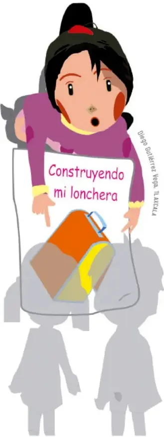 Ilustración de una niña sosteniendo un cartel que dice 'Construyendo mi lonchera' con un dibujo de una lonchera.
