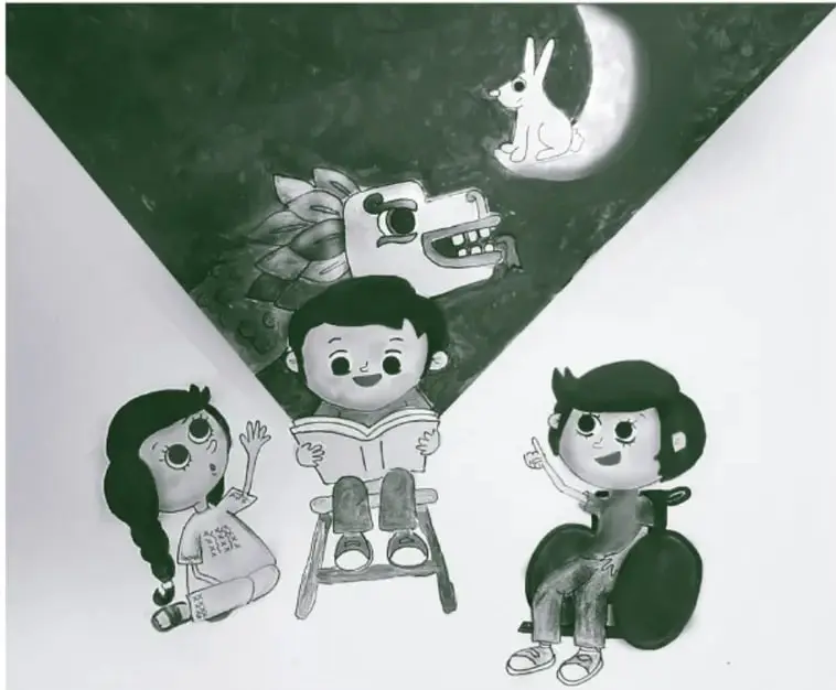 Ilustración en blanco y negro con tres niños: una niña sentada a la izquierda levantando la mano, un niño al centro sentado en una silla leyendo un libro, y otro niño a la derecha sentado en un sillón señalando algo. Detrás de ellos hay un dragón y un conejo sobre una luna creciente. La escena evoca imaginación, lectura y juego simbólico.