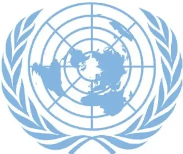 Logotipo de Amnistía Internacional (nombre negro sobre fondo amarillo con vela rodeada de alambre de púas) y emblema de la ONU (mapa del mundo entre ramas de olivo, en azul).