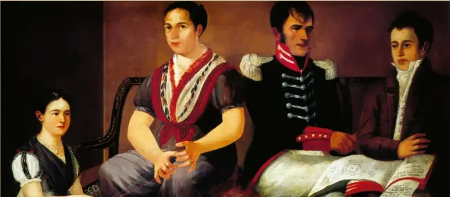 Óleo sobre tela de 1814 (Museo Soumaya, Fundación Carlos Slim) que retrata al capitán Pedro Marcos Gutiérrez con su esposa Rafaela Belaunzarán y sus hijos María Ventura y José Miguel.