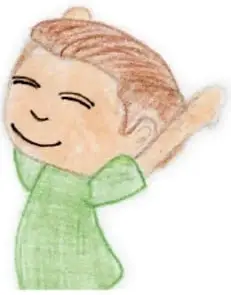 Ilustración de un niño sonriendo con los brazos levantados, pie de foto 'Estoy feliz'