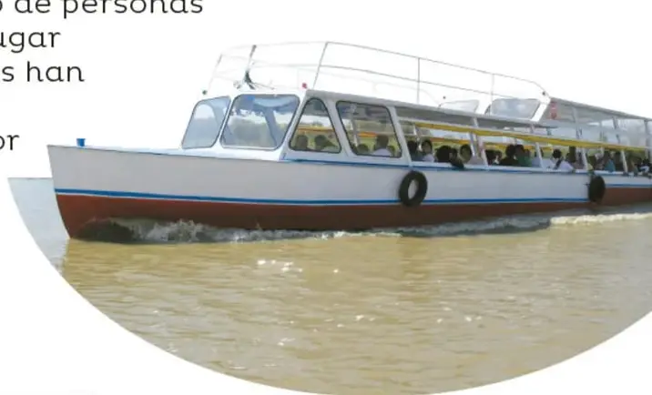Lancha o barco blanco con pasajeros navegando por aguas de color café claro (medio de transporte marítimo actual).
