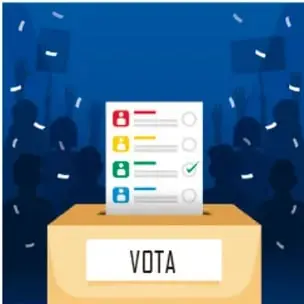 Ilustración de una urna con la palabra VOTA y una boleta con opciones marcadas, con público de fondo; representa al texto persuasivo.