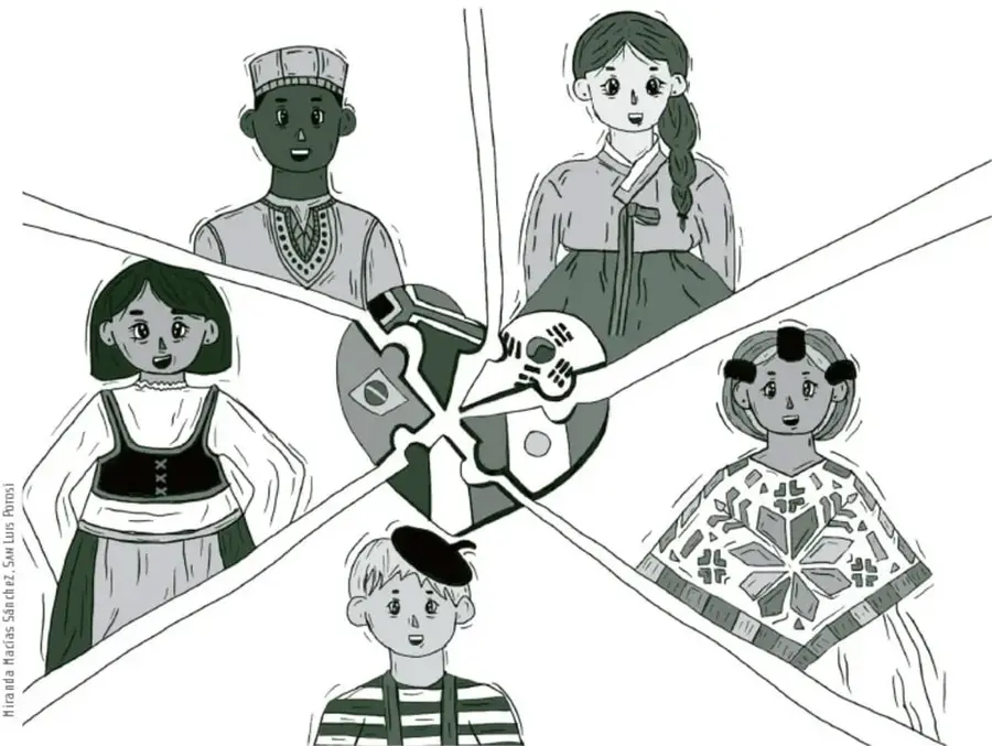 Ilustración de un corazón formado por piezas de rompecabezas; alrededor, cinco personas de distintas culturas y edades (un niño con boina, una niña con vestimenta tradicional, un joven africano, una joven asiática y una mujer con blusa bordada) sostienen cada una una pieza, simbolizando la crianza compartida y la diversidad cultural.