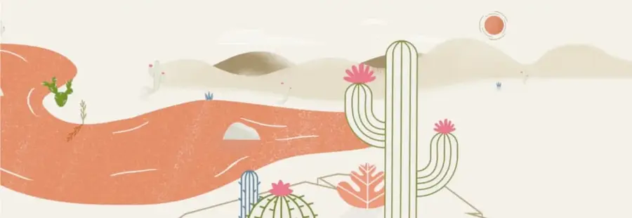 Paisaje desértico del valle: un río caudaloso color terracota que serpentea entre cerros claros, cactus saguaro con flores rosas, cactus pequeños, un sol naranja y matorrales.