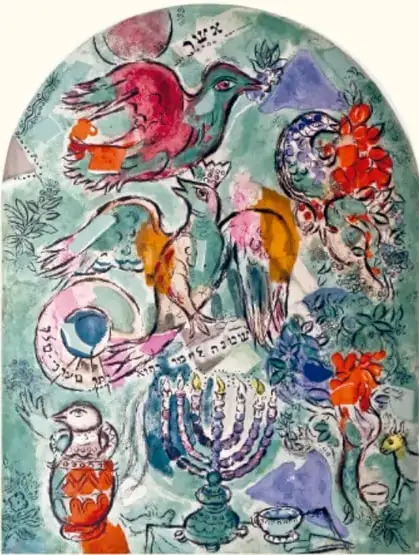 Vitral 'The Tribe of Asher' (1964) de Marc Chagall, con una paloma y otros símbolos de paz.