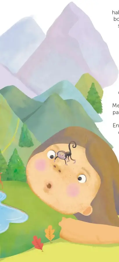 Rostro grande del niño acostado sobre un paisaje de montañas verdes y moradas, pinos y una laguna; un pequeño macaco está junto a su nariz y sus ojos ven el bosque.