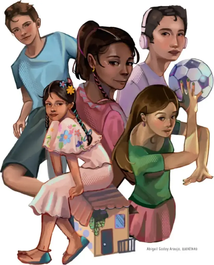 Ilustración de cinco niños, niñas y adolescentes diversos (tonos de piel distintos, una niña con vestido tradicional bordado y trenzas, una joven con audífonos y balón de fútbol, una joven en tono verde) agrupados sobre una casita pequeña, transmitiendo diversidad y protección. Firma: Abigail Godoy Araujo, Querétaro.
