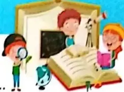Ilustración de niños escribiendo y trabajando con libros.