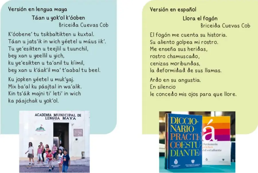 Fotografía de un grupo de niñas y niños frente a la Academia Municipal de Lengua Maya.