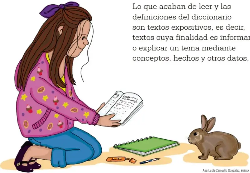 Niña arrodillada leyendo un diccionario, con un cuaderno, un lápiz y un borrador en el suelo; a su lado un conejo.