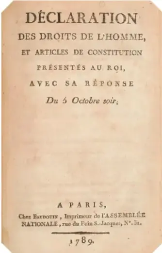 Portada del documento original 'Déclaration des Droits de l'Homme et du Citoyen', impreso en París en 1789.