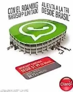 Anuncio de una empresa de telefonía que utiliza un estadio de fútbol, el símbolo de WhatsApp y la expresión «Tri».