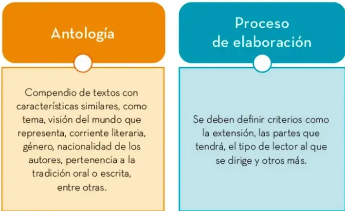 Organizador gráfico de dos columnas: caja naranja "Antología" con su definición y caja azul "Proceso de elaboración" con los criterios a definir.
