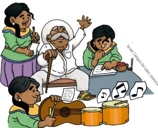 Ilustración de un grupo (adulto mayor, niñas y niños) con guitarra, tambores, hojas con notas musicales y cuaderno, representando la composición musical.