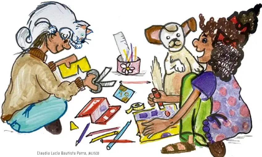 Ilustración de dos niñas y un niño sentados en el piso rodeados de material escolar (tijeras, colores, pegamento, regla) preparando el tríptico, con un perro pequeño junto a ellos. Crédito: Claudia Lucía Bautista Parra, JALISCO.