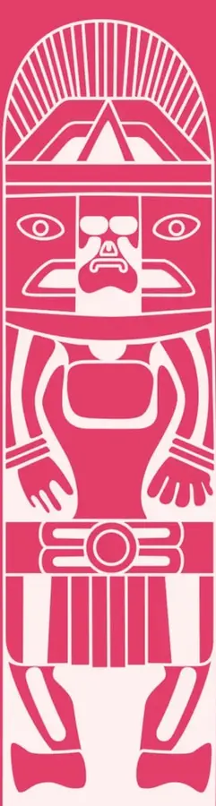 Ilustración estilizada en color rosa y blanco que representa una figura antropomorfa o tótem de inspiración prehispánica, con tocado radiado, rostro con ojos y boca marcados, brazos extendidos y faldón con franjas verticales.