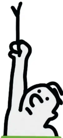 Figura estilo Keith Haring, blanca con contorno negro, colgando de un palo o rama con una mano, sobre línea verde.