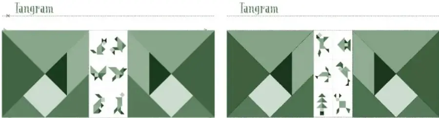 Dos recortables de tangram en verdes: cada uno con las siete piezas dispuestas en un cuadrado y, al centro, seis plantillas con siluetas de figuras (animales, plantas y objetos) para armar.