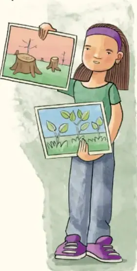 Ilustración de una estudiante sosteniendo dos dibujos: uno muestra un tronco talado y el otro una planta creciendo, como símbolo de recuperación ambiental.