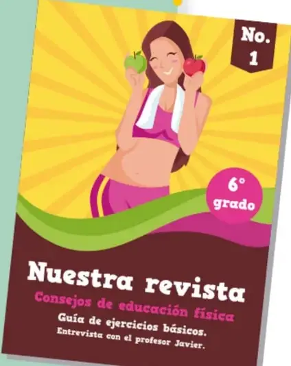 Portada de la revista escolar 'Nuestra revista. Consejos de educación física', No. 1, 6° grado, con ilustración de una estudiante sosteniendo una manzana.