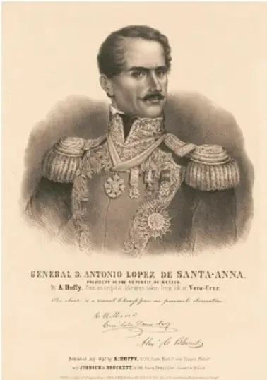 Retrato litográfico del General Antonio López de Santa Anna con uniforme militar y condecoraciones.