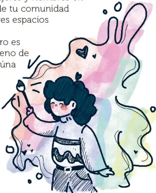 Ilustración de una estudiante pintando un mural con pincel sobre una pared con formas de colores; crédito a Aylin Castro Melchor, Veracruz.