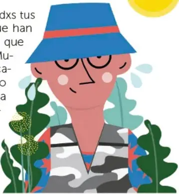 Ilustración de un arqueólogo con sombrero azul, lentes y camisa camuflada, rodeado de plantas, bajo un sol amarillo.